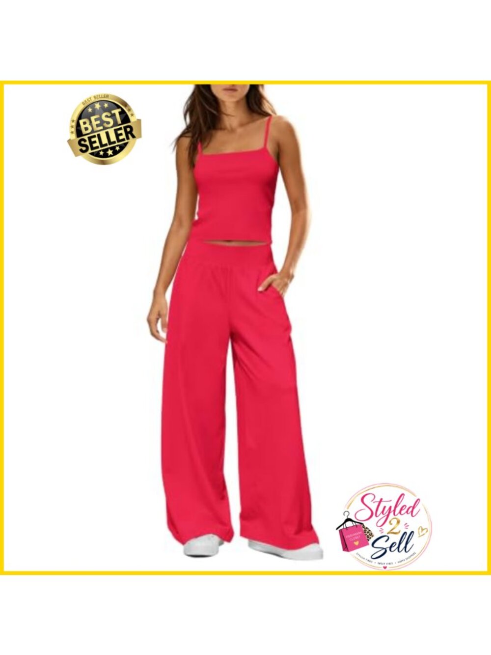 Ribbed Knit Tank Top & Wide Leg Pants Lounge Set Built-in Bra